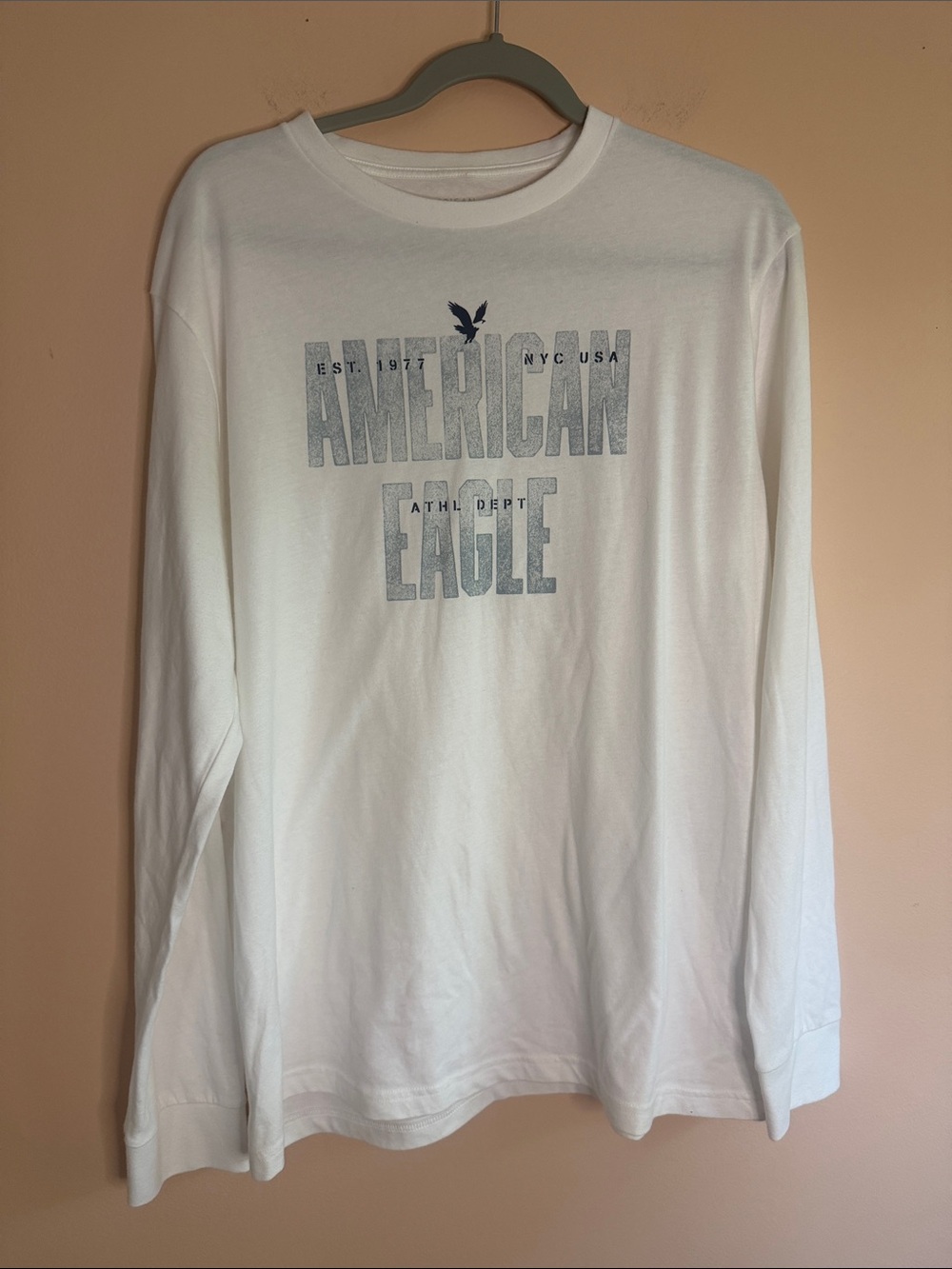 American Eagle Outfitters White Long-Sleeve Logo Tee with Gray Print
